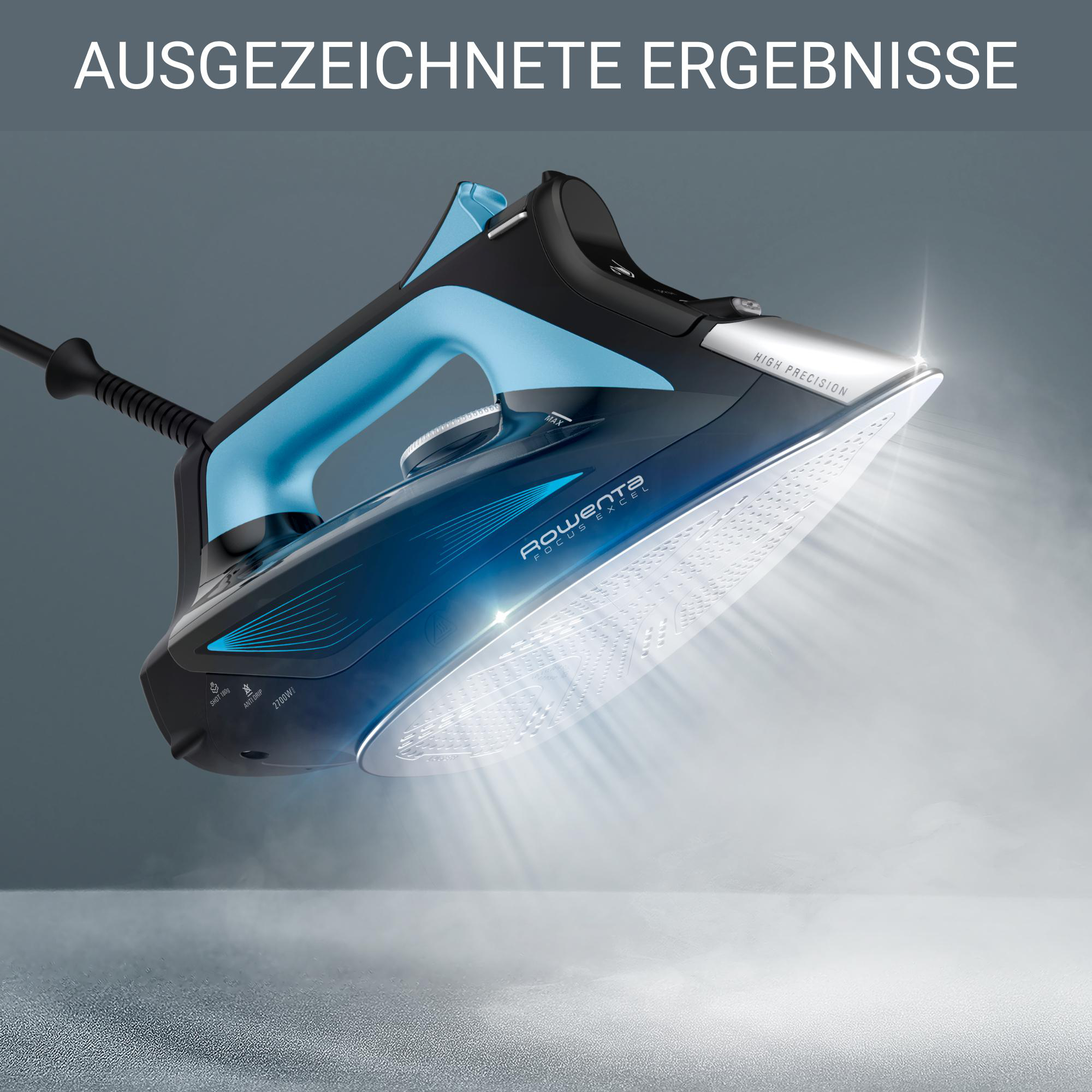 Ein Bügeleisen in Bewegung mit Lichtstrahlen, beschriftet mit 'AUSGEZEICHNETE ERGEBNISSE'.