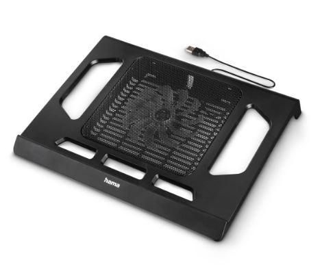 Schwarzes Laptop-Kühlpad mit Netzoberfläche und USB-Kabel. Weißer Hintergrund.