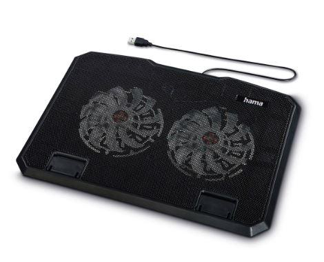 Schwarzer Laptop-Kühler mit zwei Lüftern. Mesh-Oberfläche und USB-Kabel.