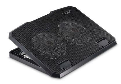 Ein schwarzes Laptop-Kühlpad mit zwei Lüftern, aus einem Winkel von oben gesehen, auf weißem Hintergrund.