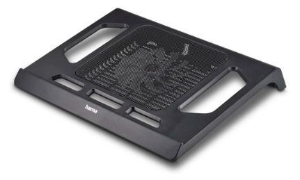 Schwarzer Laptop-Kühler mit Mesh-Oberfläche. Er hat einen Lüfter und Lüftungslöcher.