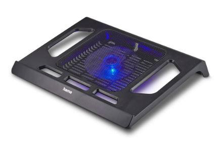 Schwarzes Laptop-Kühlpad mit blauem LED-Licht und einem gitterartigen Design.