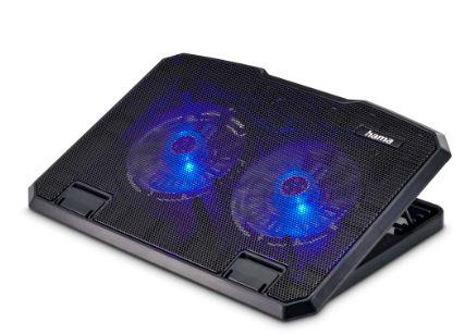 Schwarzer Laptop-Kühler mit blauen Lichtern in den Lüftern. Hama-Markenname sichtbar.