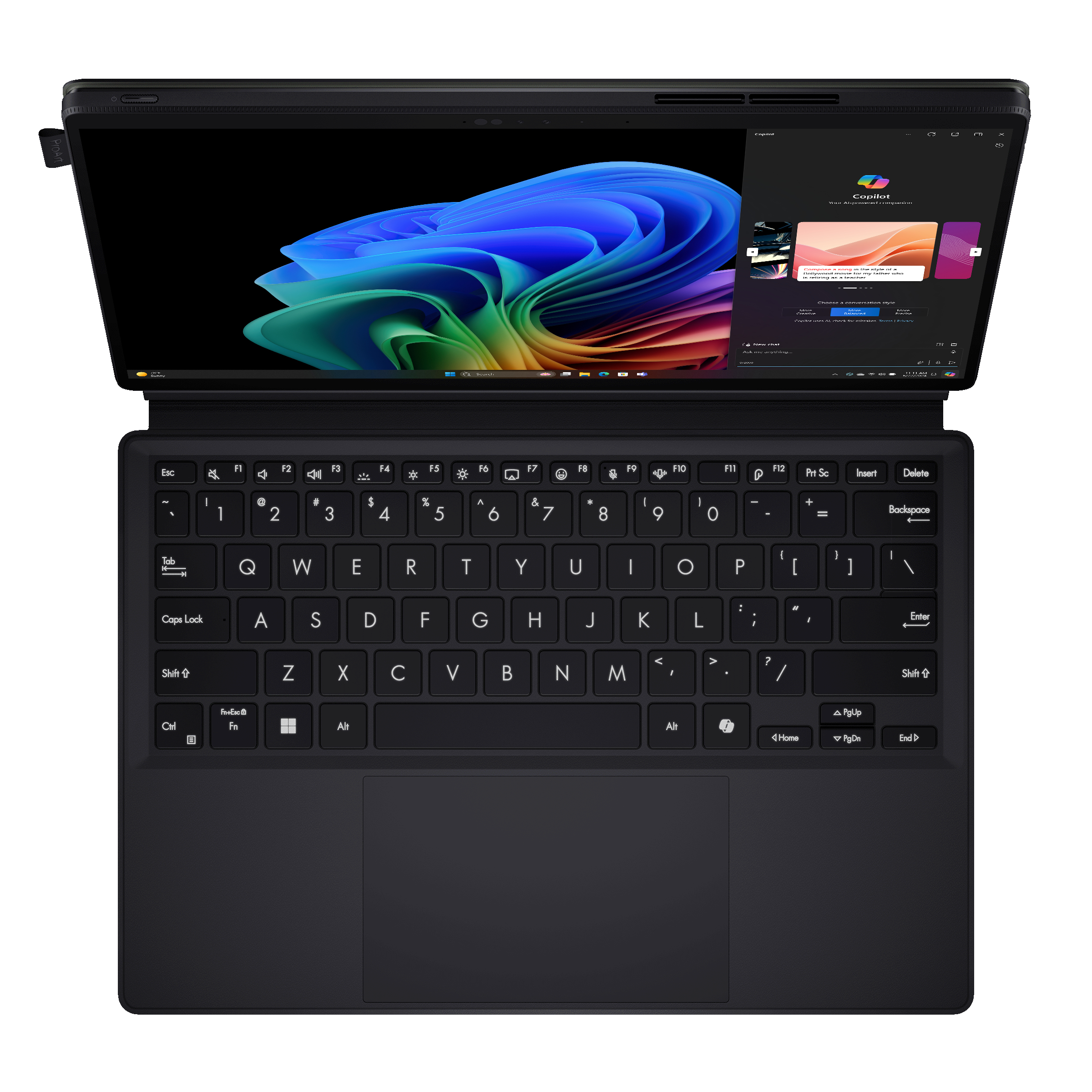 Ordenador portátil negro con teclado y panel táctil. La pantalla está abierta y muestra una interfaz de usuario colorida.