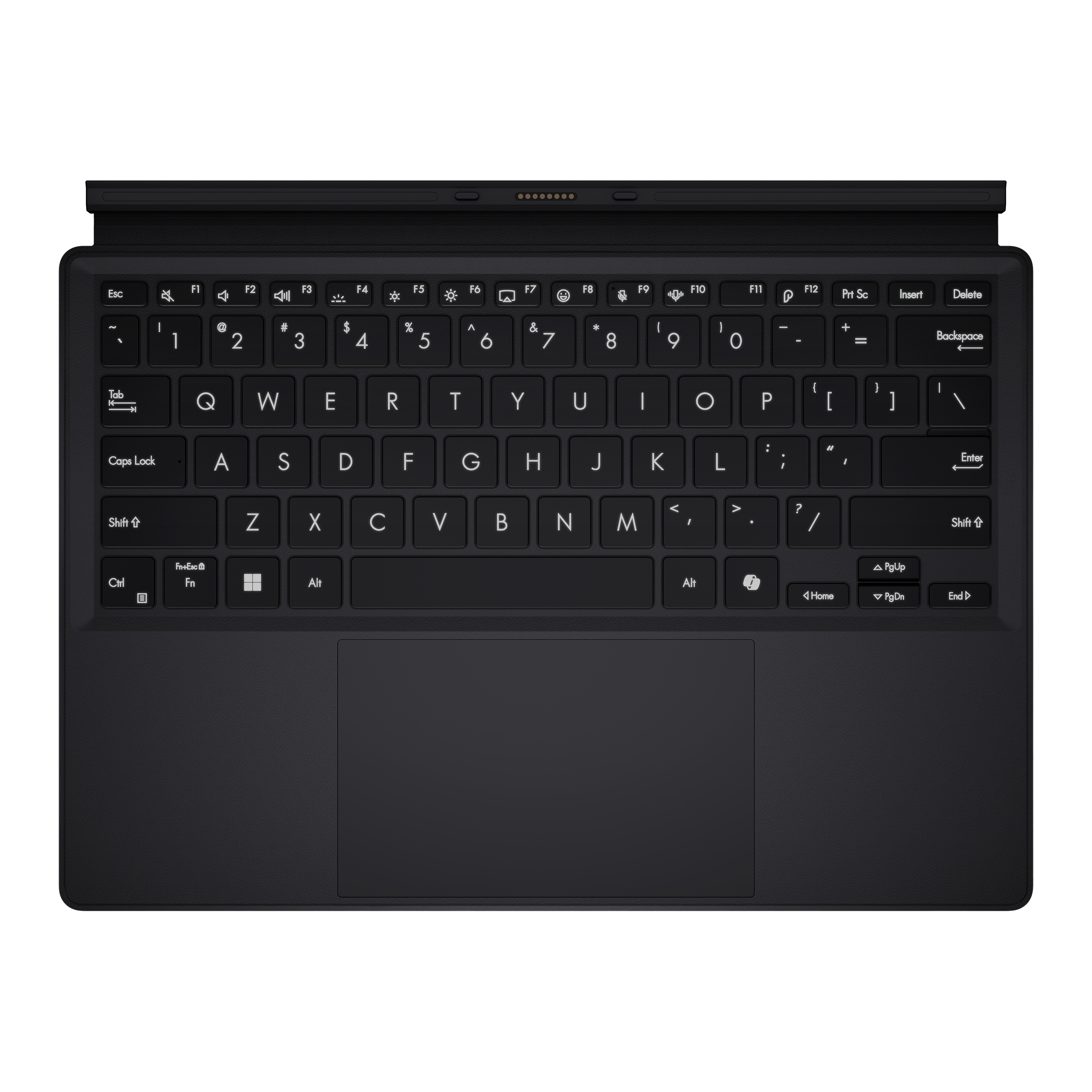 Un teclado negro con un panel táctil y una tableta adjunta en la parte superior.