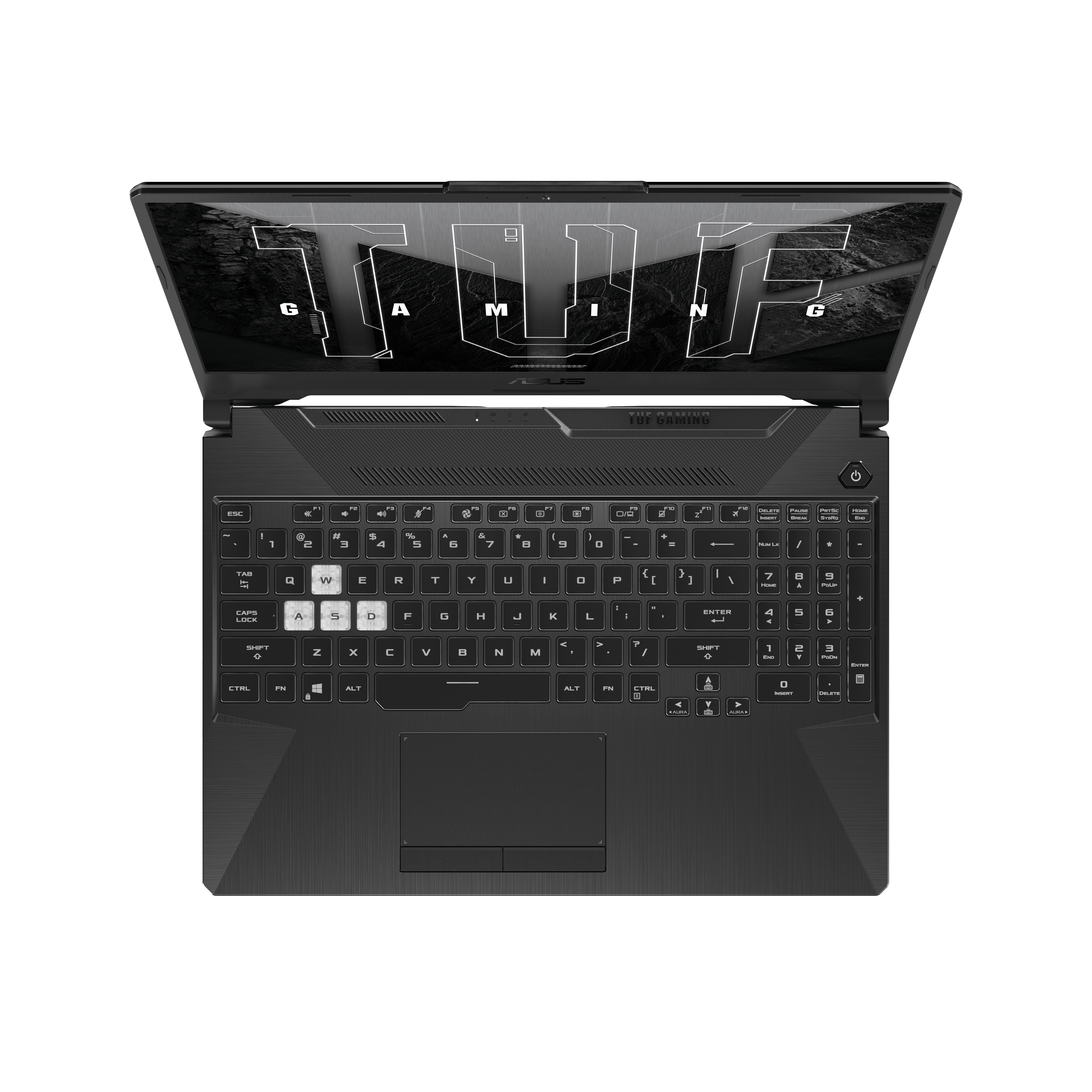 Un portátil negro, abierto, con teclado iluminado en rojo, inclinado hacia el espectador. El logotipo ASUS TUF es visible.