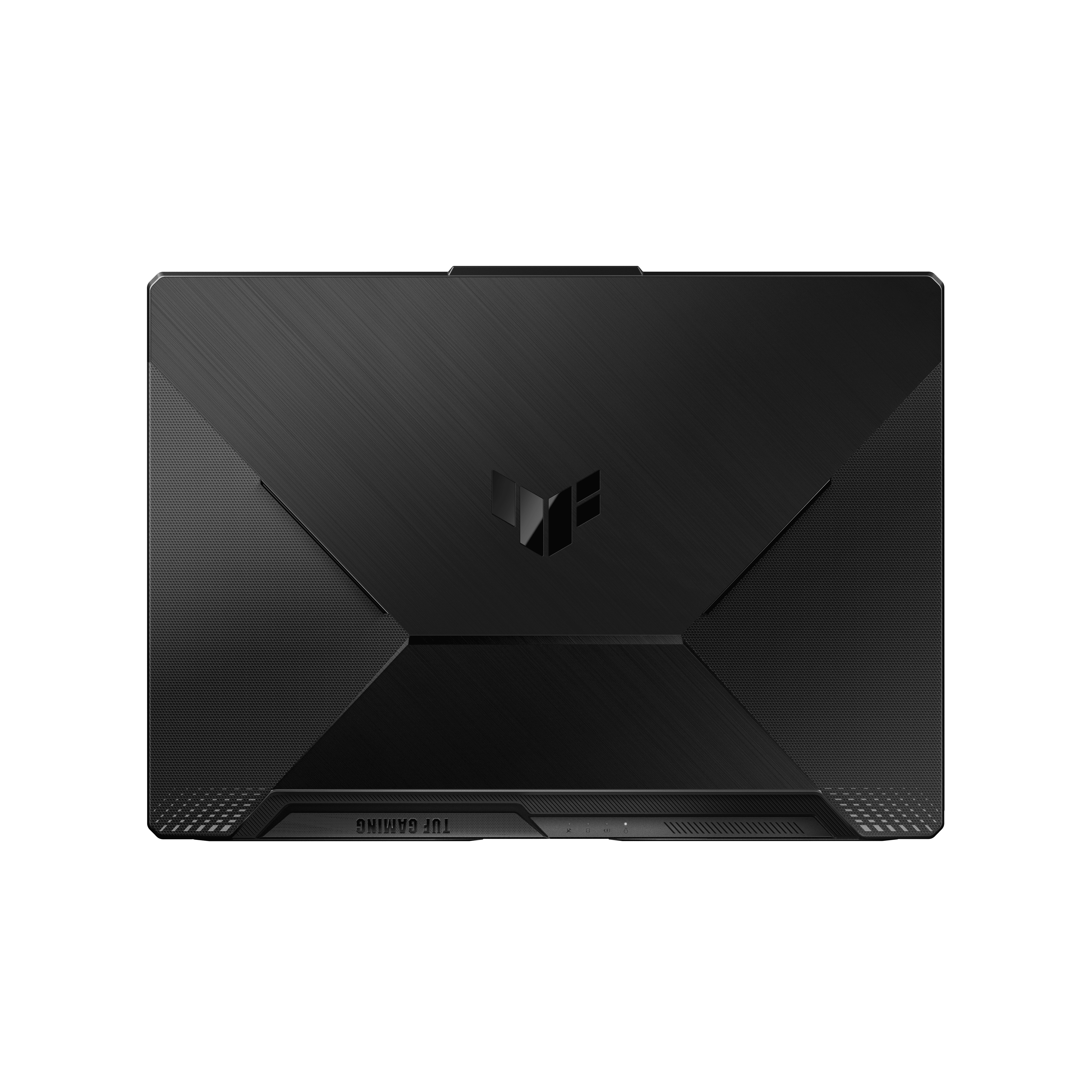 Parte trasera de un portátil negro. El logotipo ASUS TUF está en el centro. La parte trasera tiene un diseño texturizado.