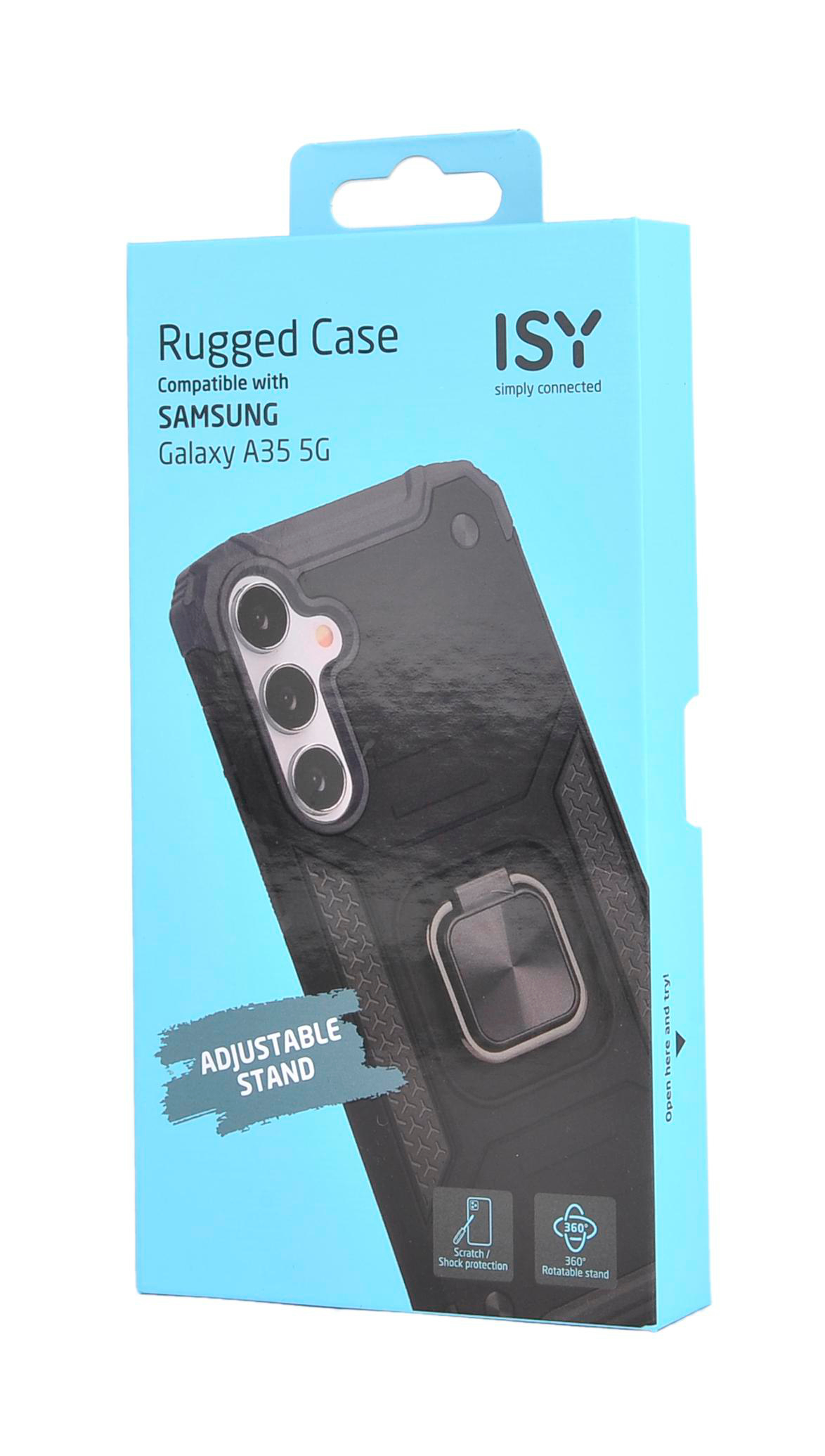 Eine blaue und schwarze ISY robuste Handyhülle in ihrer Verpackung.