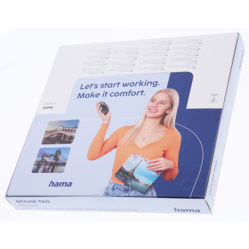 Zestaw pudełkowy podkładki pod mysz z kobietą trzymającą mysz. Tło przedstawia widoki miasta.