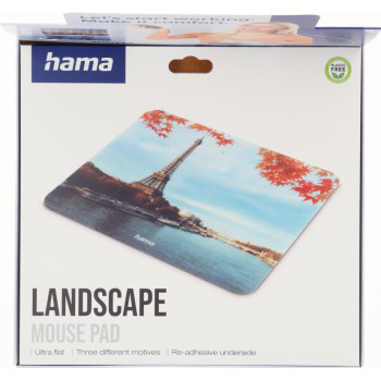 Pudełko podkładki pod mysz z obrazem Wieży Eiffla. Logo i tekst Hama.