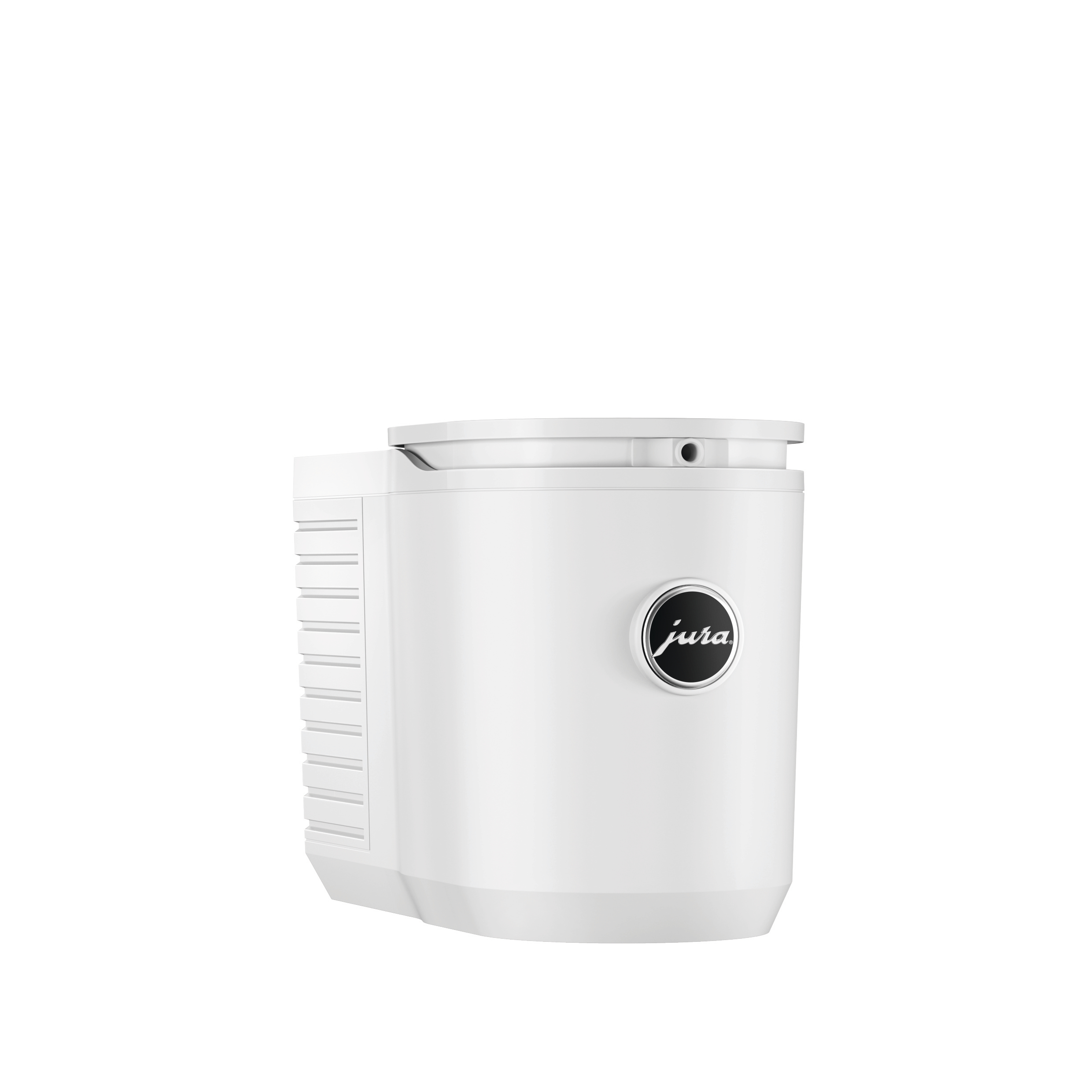 Eine weiße Jura Kaffeemaschine mit silbernem Logo auf der Vorderseite.