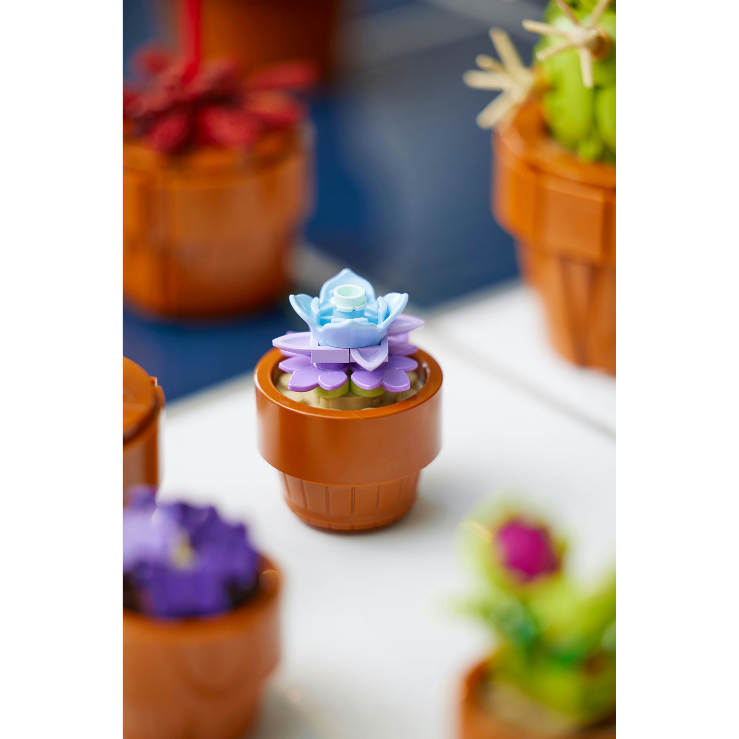 Primo piano di fiori Lego in vasi. Uno è blu e viola, altri verdi e rossi.