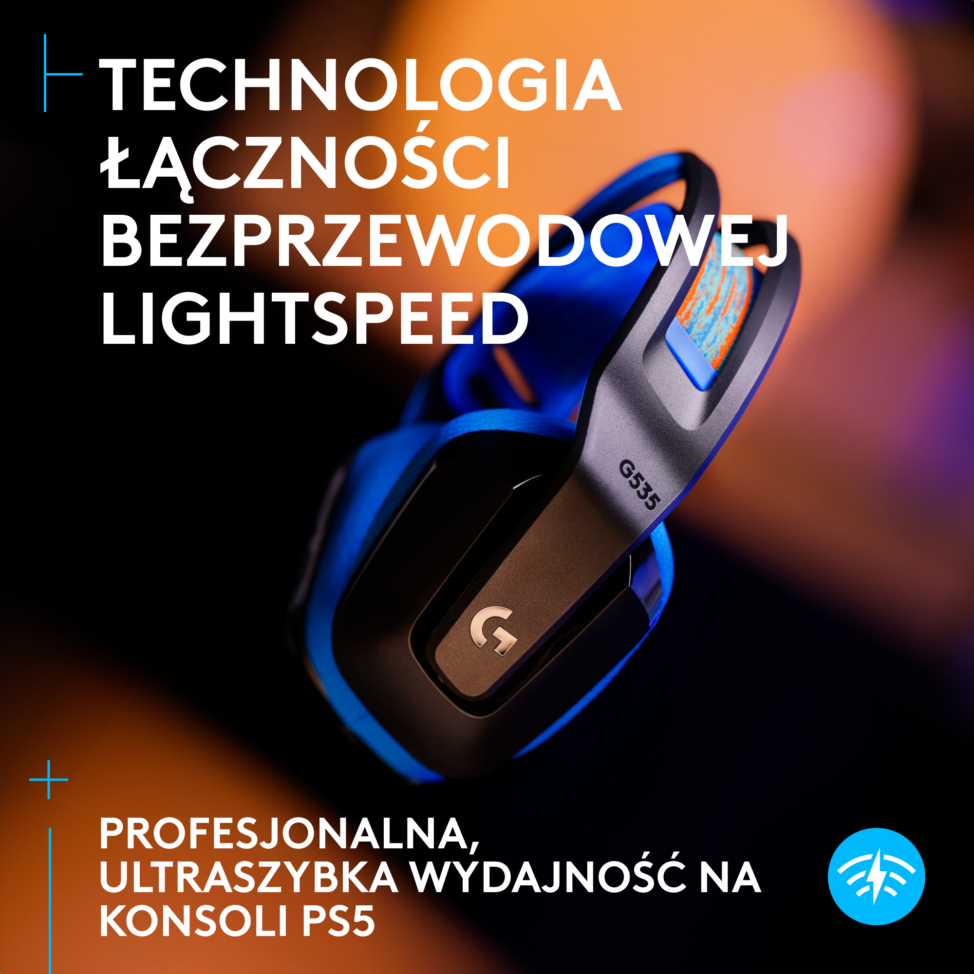 Niebiesko-czarne słuchawki z tekstem o technologii bezprzewodowej i wydajności PS5.