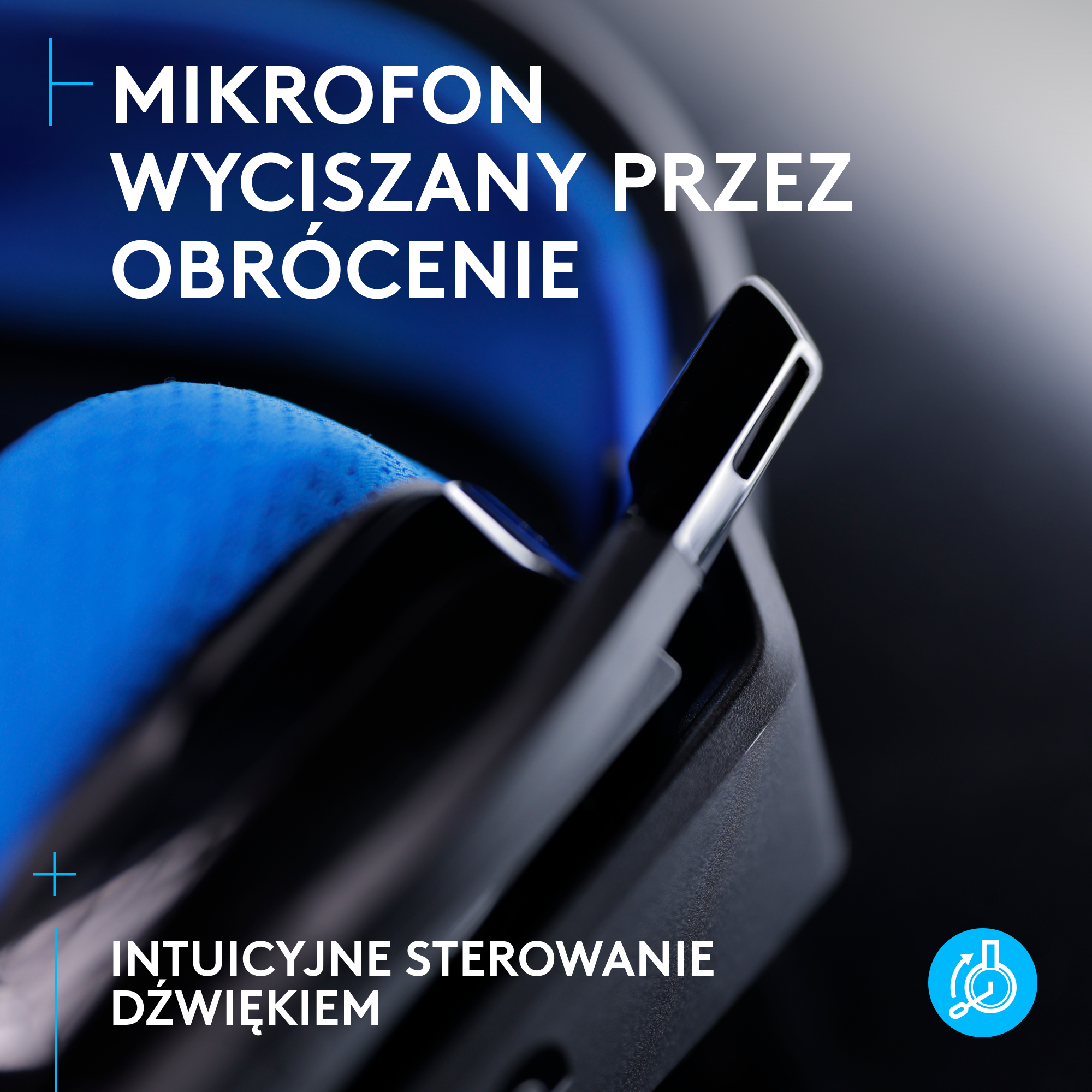 Zbliżenie czarno-niebieskiego zestawu słuchawkowego. Tekst mówi: 'Mikrofon wycisza się przez obracanie'.
