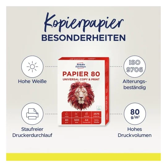 Avery Zweckform Papierbox mit Text: Kopierpapier, 80 g/m², und weitere Details. Die Box vor weißem Hintergrund.