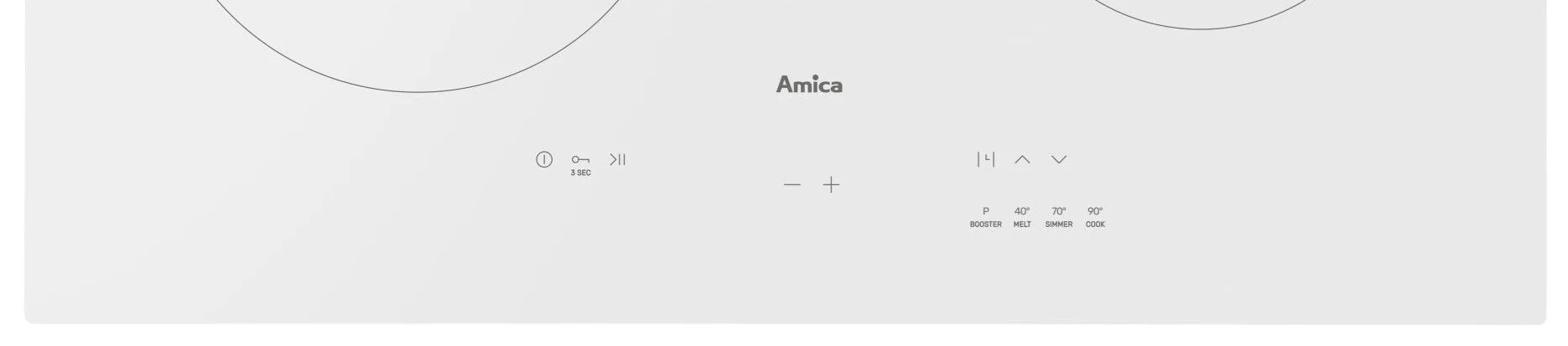 Biała płyta grzewcza z elementami sterowania dotykowego, w tym włączaniem/wyłączaniem, plus/minus i ustawieniami ciepła.