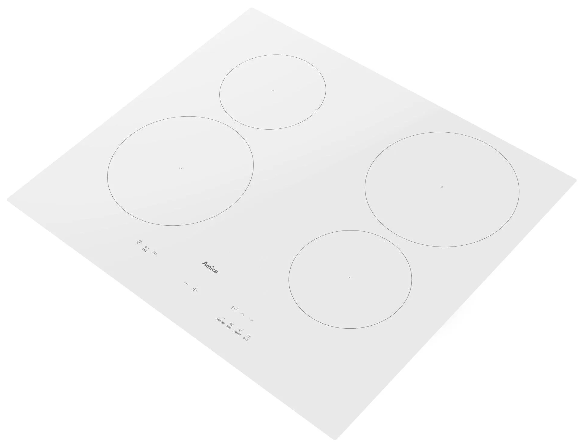 Biała płyta indukcyjna z czterema okrągłymi strefami grzewczymi.