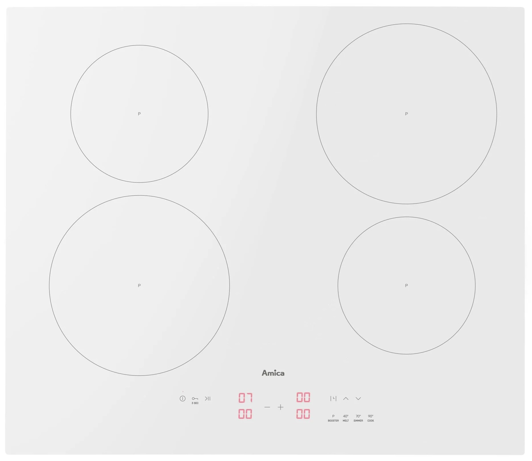 Biała płyta grzewcza z czterema okrągłymi strefami gotowania, poniżej panel sterowania.