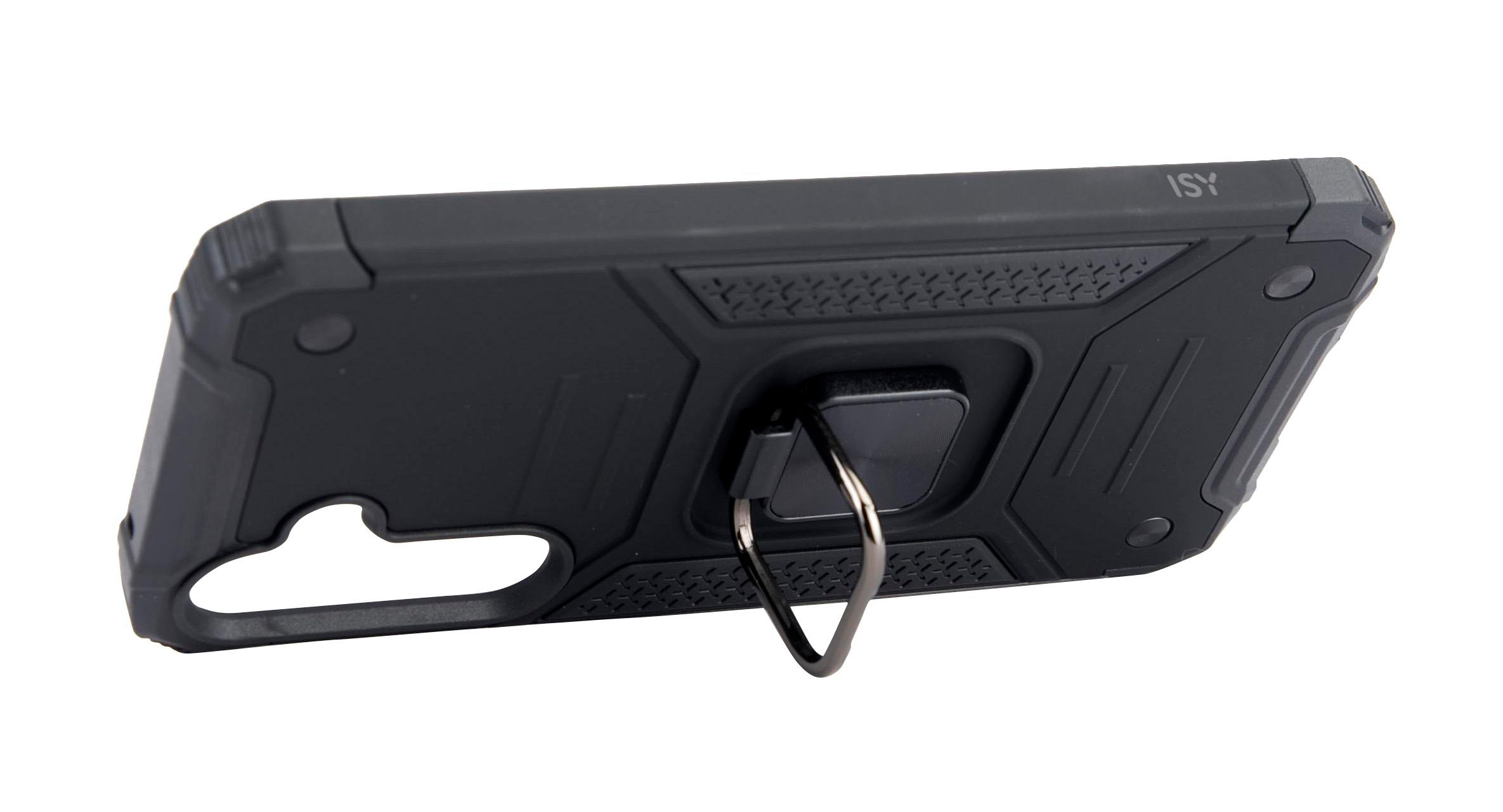 Schwarze Handyhülle mit Ringhalterung, strukturierten Seiten und Schutzdesign.