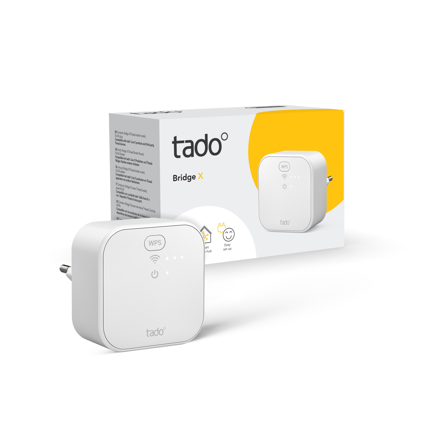 White Tado Bridge X device and box on a white surface, with a white background.