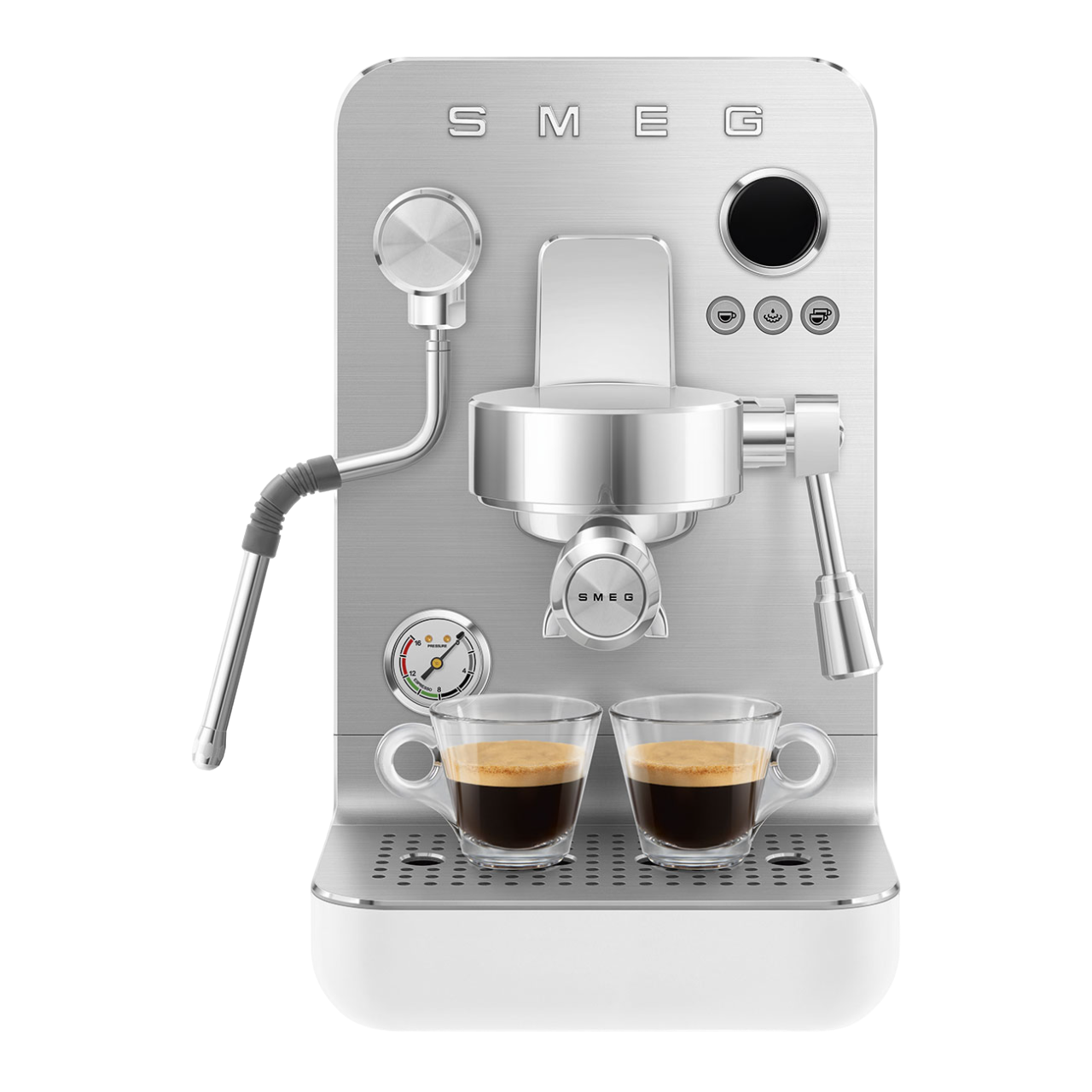 Smeg Espressomaschine. Edelstahl-Finish, zwei Tassen Espresso und eine Dampflanze. Weißer Sockel.