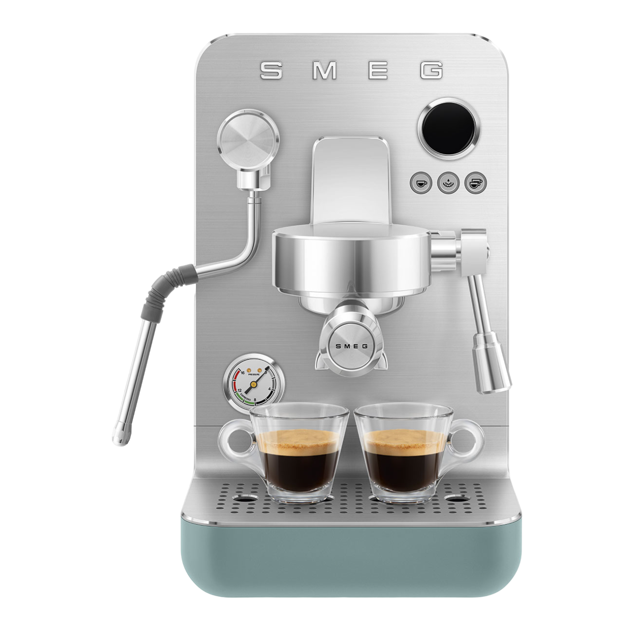 Silberne SMEG Espressomaschine mit zwei Tassen Kaffee und blauem Sockel.