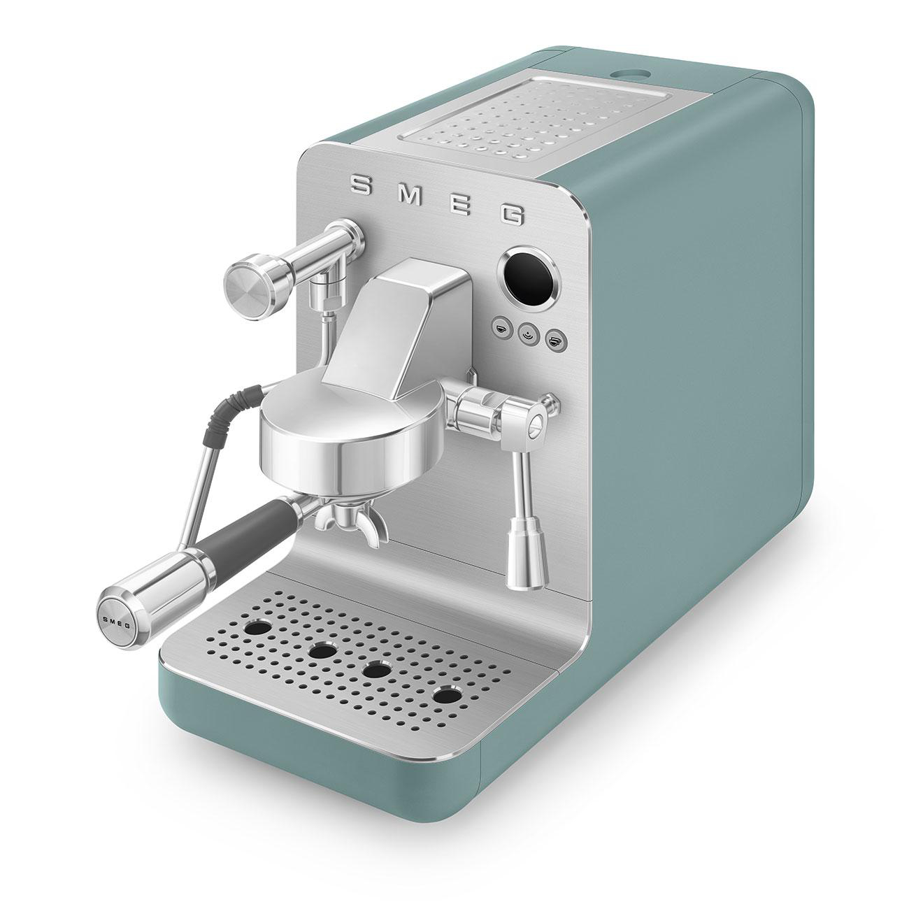 Espressomaschine im Retro-Stil in Türkis und Silber, mit Griff und Dampflanze.
