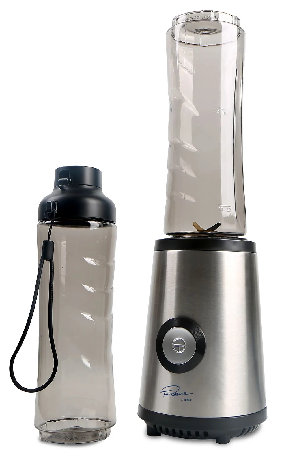 Blender z butelką z czarną pokrywką i przezroczystą butelką. Obie butelki na białym tle.