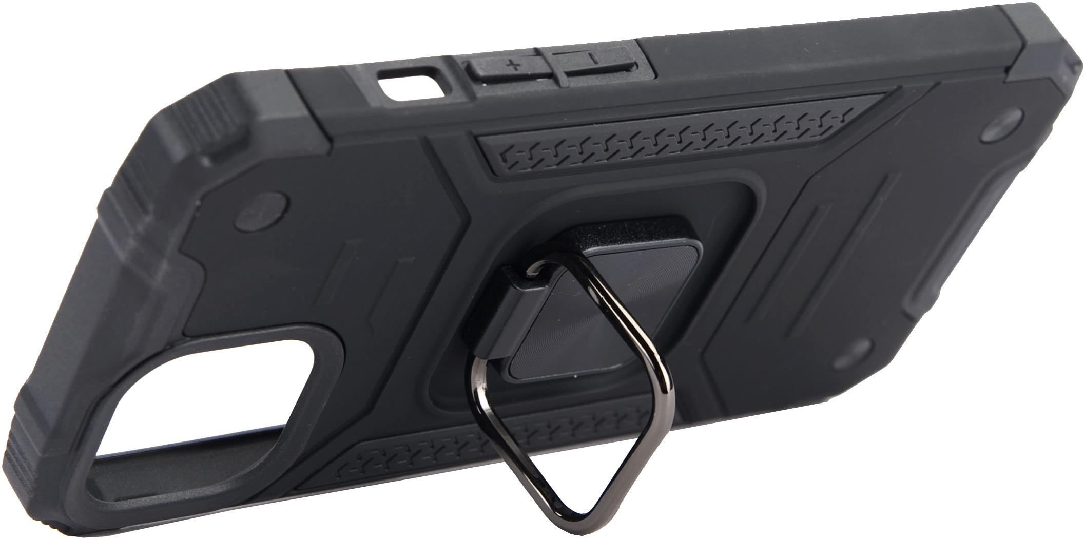 Coque de téléphone noire avec support à anneau à l'arrière, vue en angle.