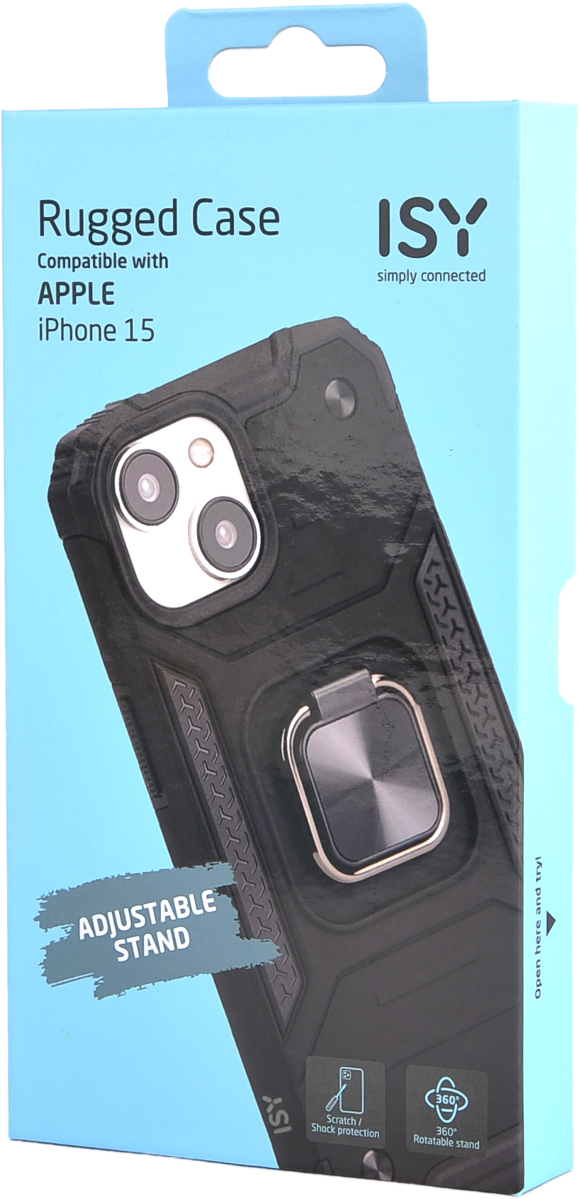 Boîte de coque robuste compatible avec Apple iPhone 15. Elle possède un support annulaire.