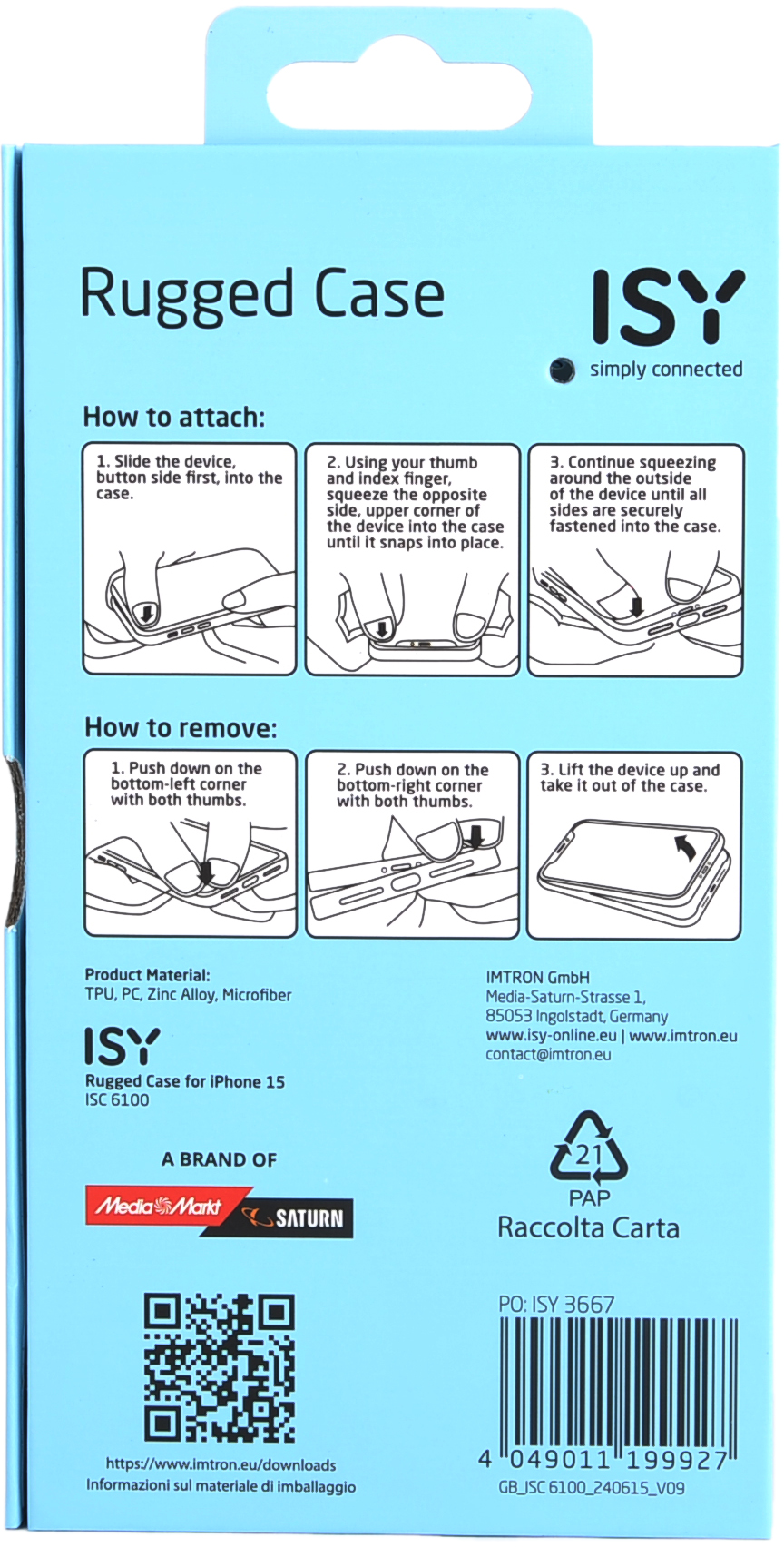 Dos d'un emballage d'étui de téléphone. Il contient des instructions et un logo de marque.