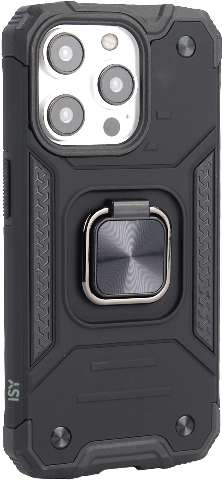 Coque de téléphone noire avec anneau, plusieurs lentilles d'appareil photo et design texturé.