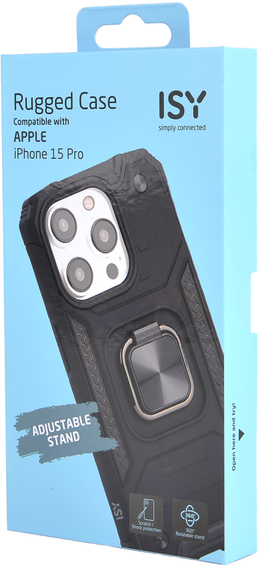 Une boîte de coque de téléphone noire avec une image de la coque et du texte sur le produit.