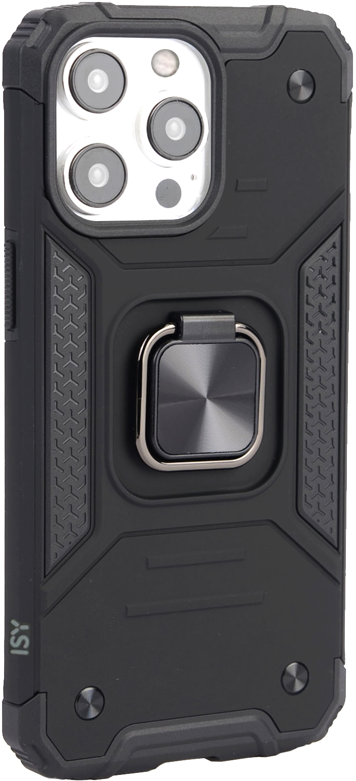 Coque de téléphone noire avec anneau, surface texturée, design robuste.