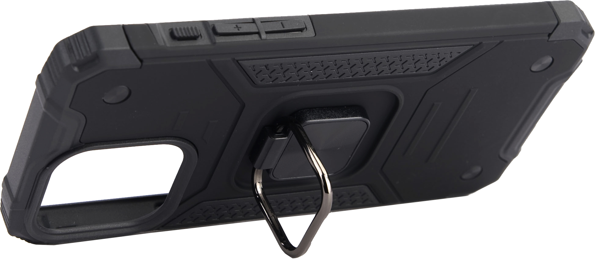 Coque de téléphone noire, avec support anneau. Boutons visibles.