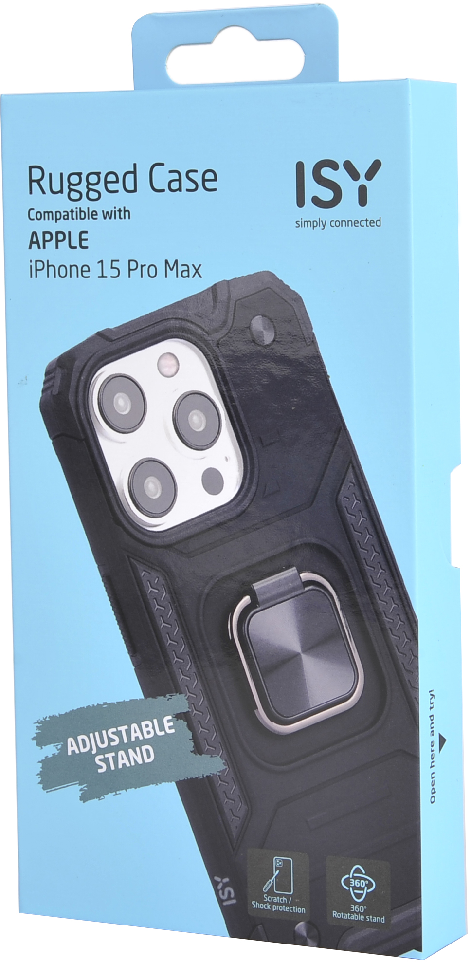 Une boîte de coque de téléphone. La coque est noire. La boîte est bleue et blanche, avec le texte ISY et 'Rugged Case'.