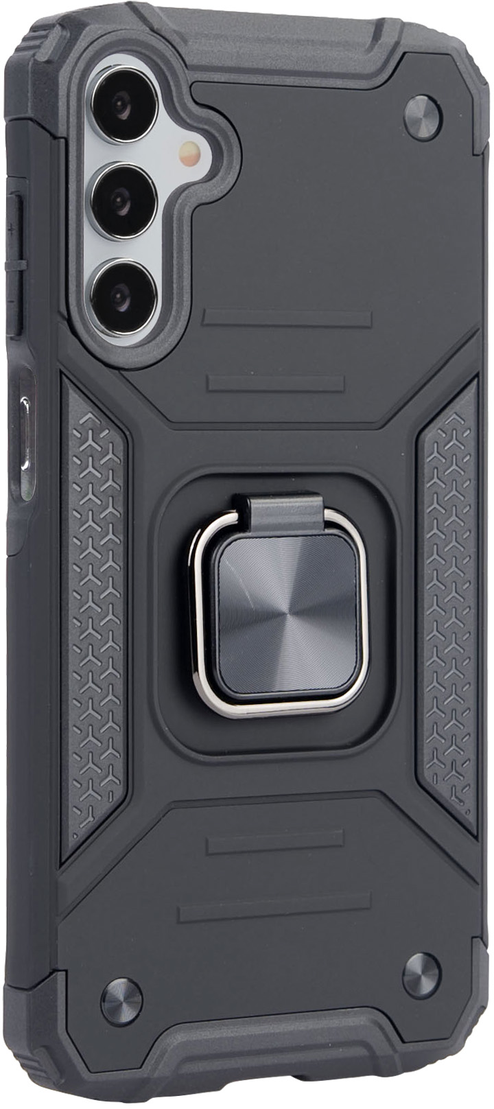 Une coque de téléphone noire avec un anneau de maintien et un dos texturé.