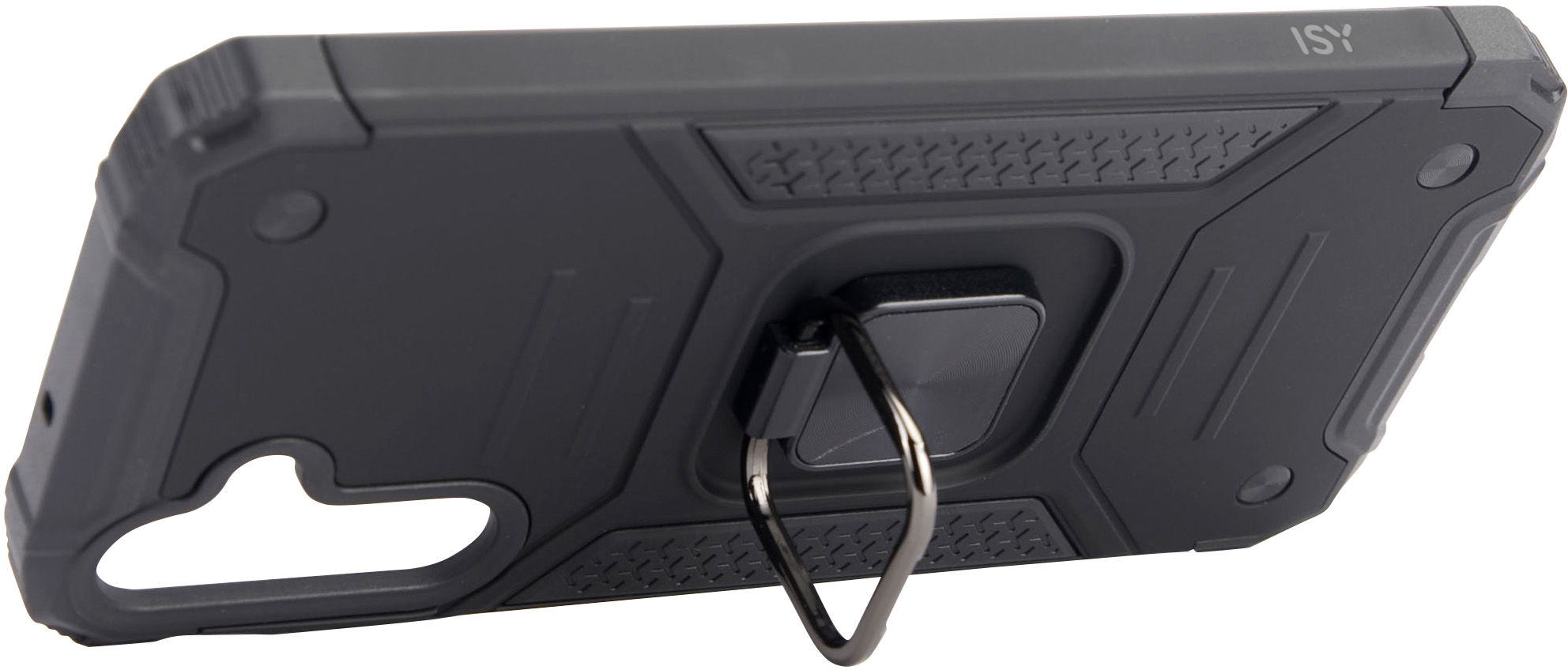 Coque de téléphone noire avec anneau. Elle a des côtés texturés.