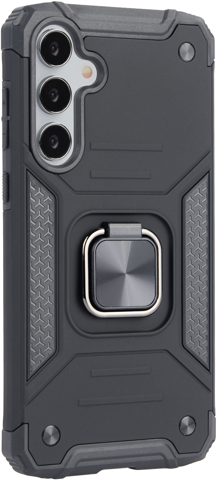 Coque de téléphone noire avec support à anneau et lentilles de caméra.