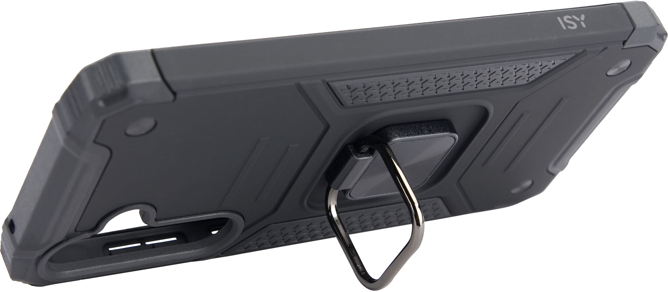 Coque de téléphone noire avec anneau, vue en biais.
