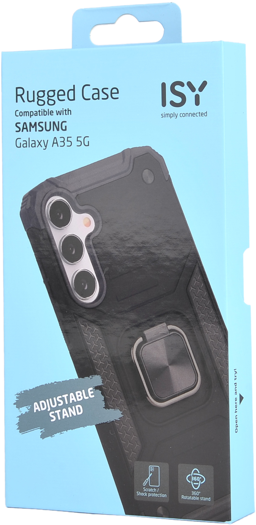 Une boîte de coque de téléphone bleue et blanche avec une coque et un support annulaire.