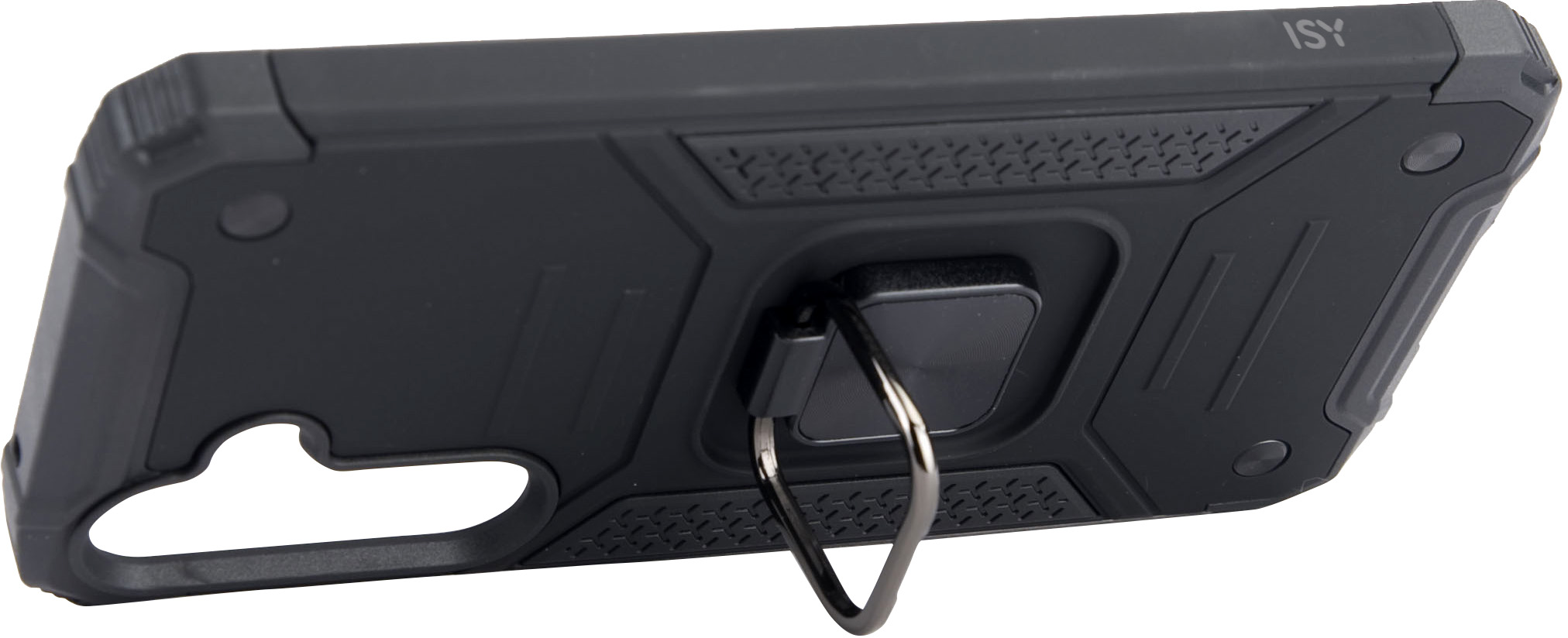 Une coque de téléphone noire avec un support d'anneau et un dos texturé.