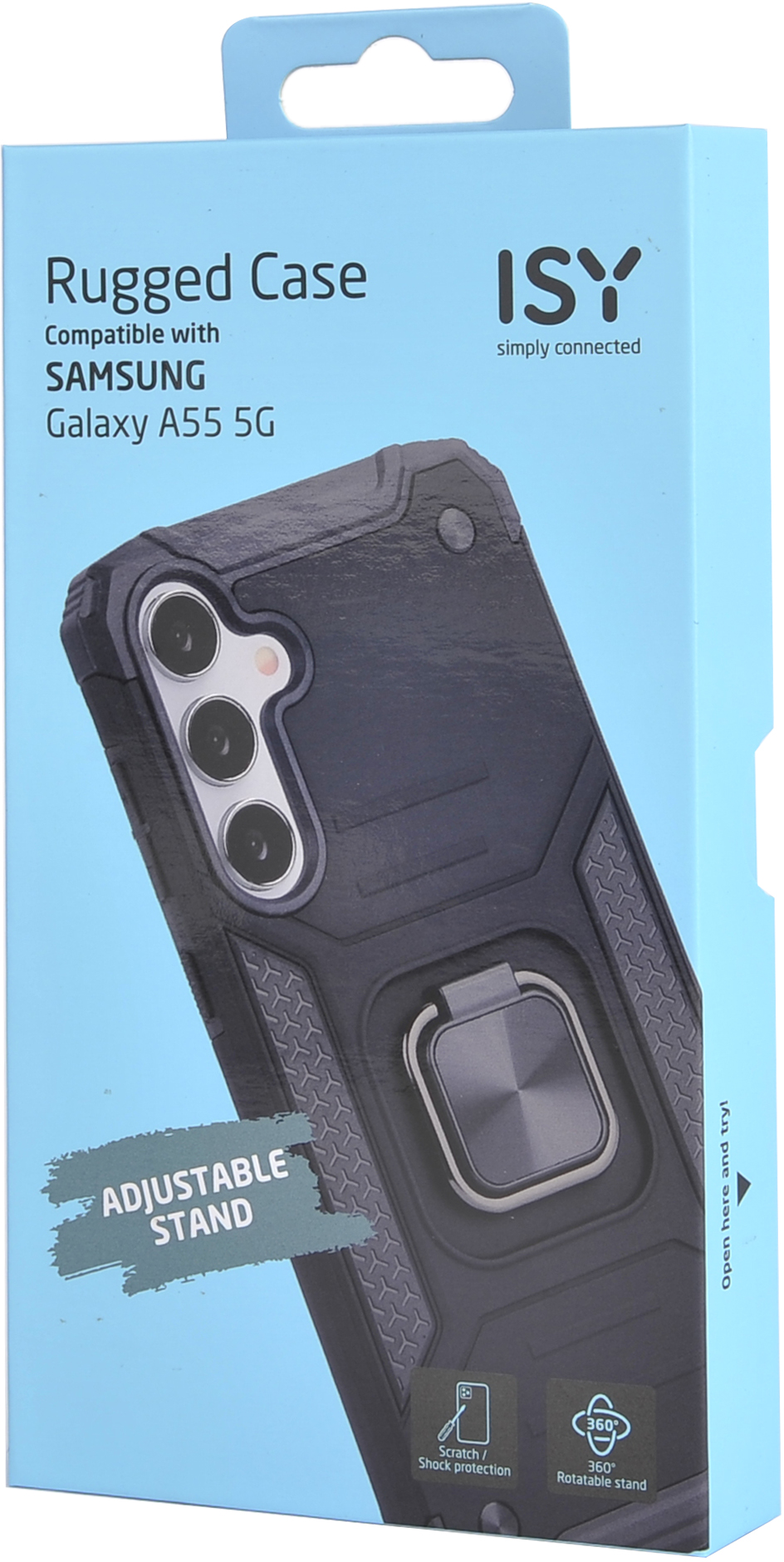 Une boîte de coque de smartphone, noire et bleue, avec une coque à l'intérieur.