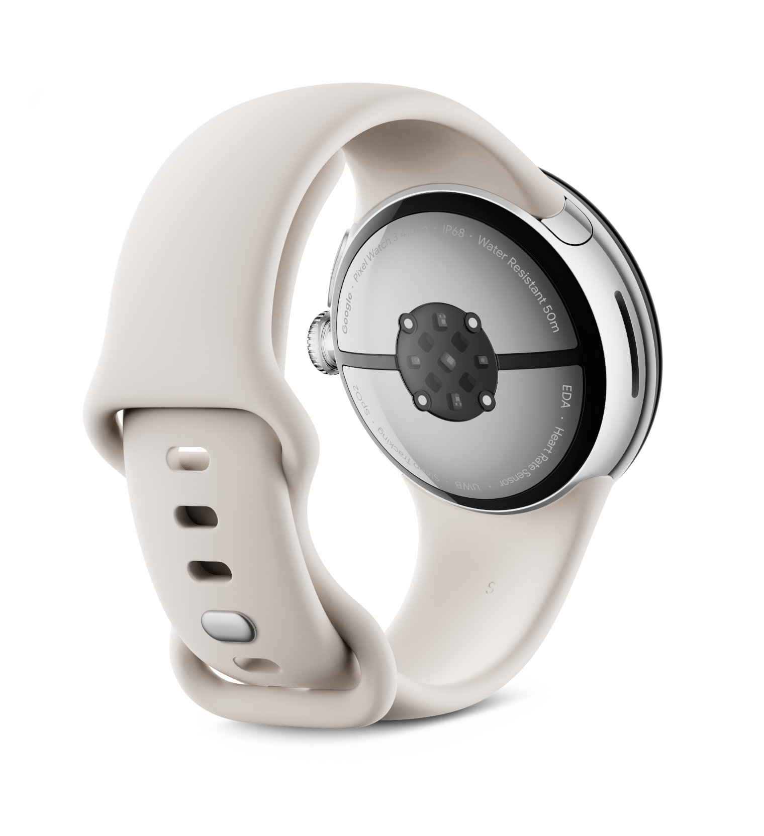 Eine Pixel Watch, die Rückseite mit Armband zeigend. Die Uhr ist weiß, der Hintergrund dunkel.