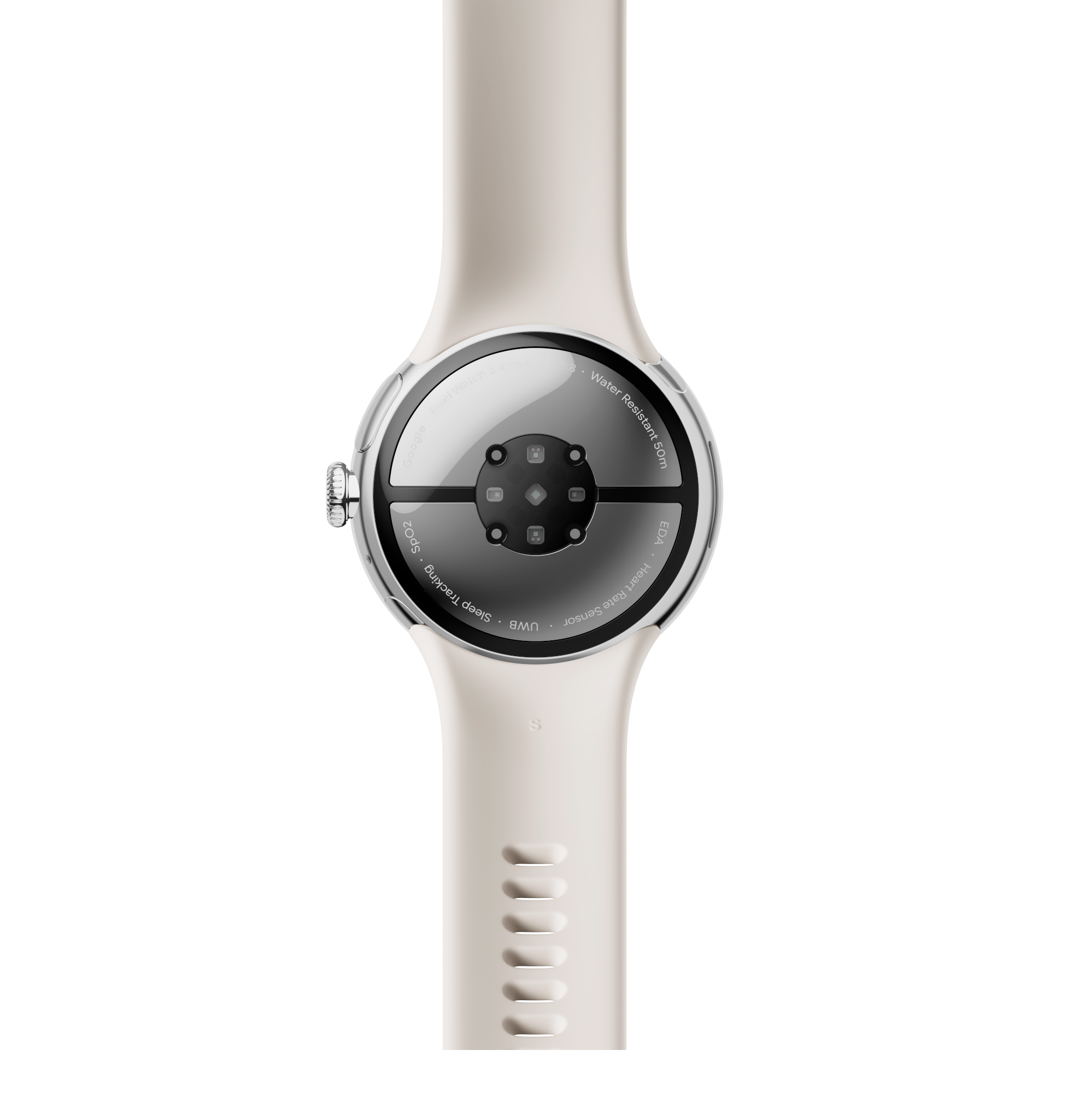 Eine cremefarbene Smartwatch. Die Rückseite hat Sensoren und Beschriftungen.