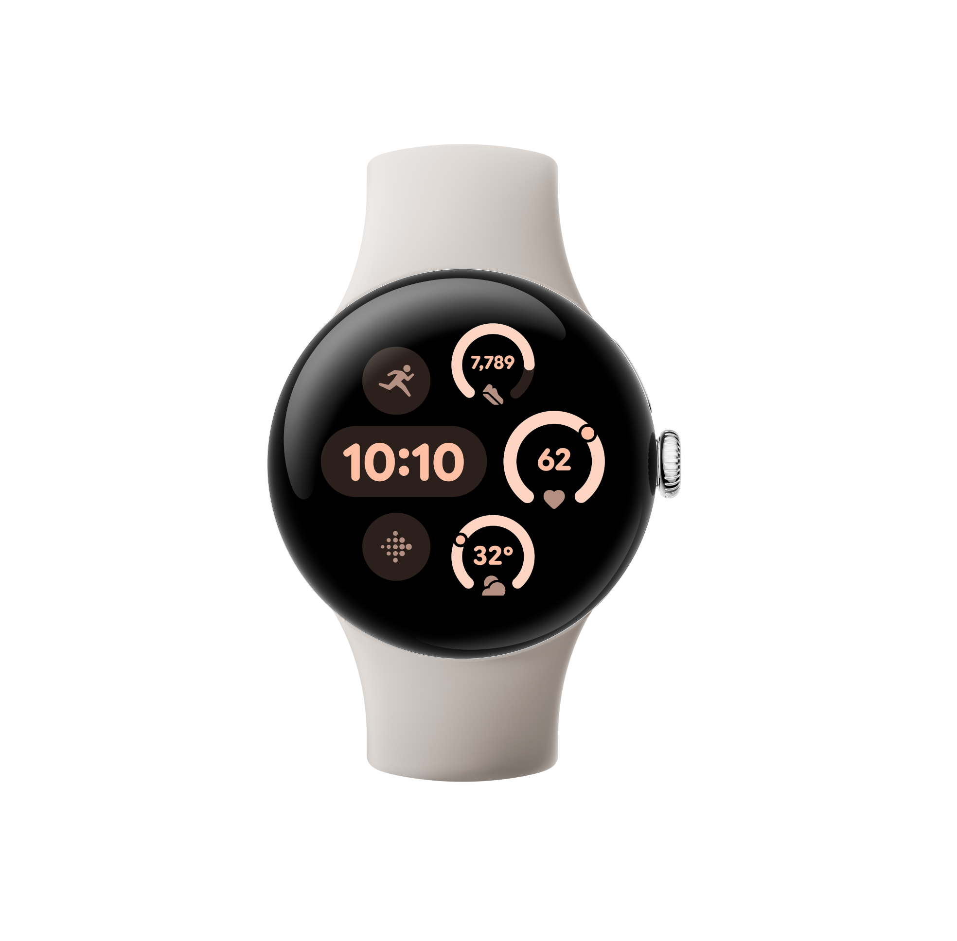 Eine schwarze Smartwatch mit weißem Armband. Das Display zeigt Laufstatistiken, Herzfrequenz und Temperatur.