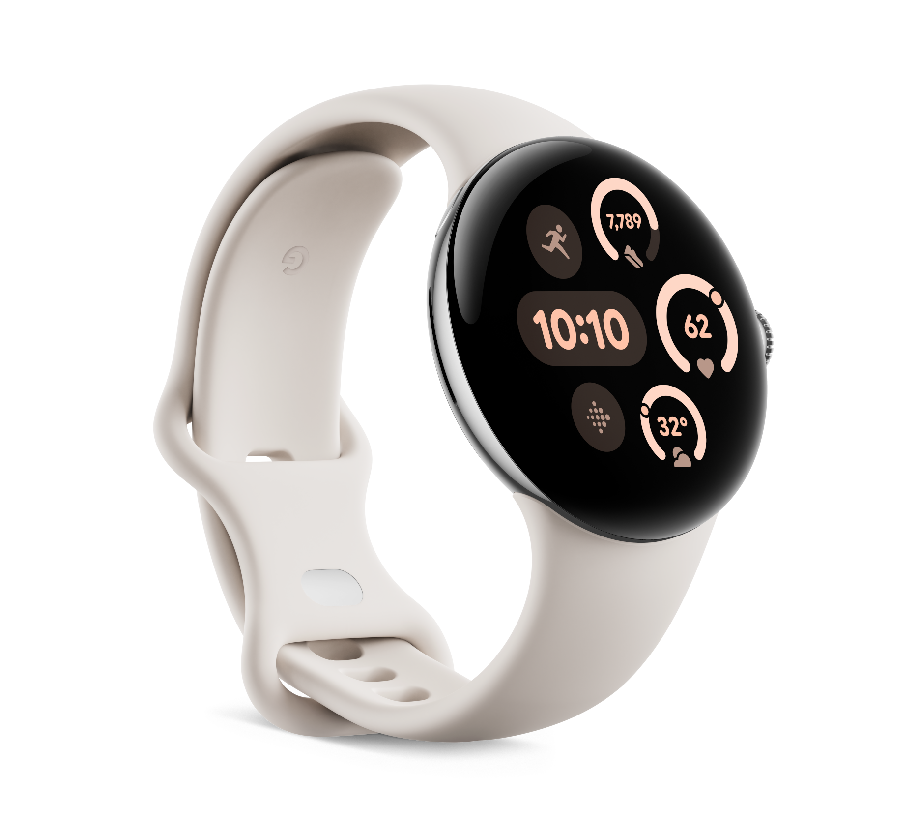 Weiße Pixel Watch mit weißem Armband. Zeigt Digitalanzeige mit Statistiken und Uhrzeit.