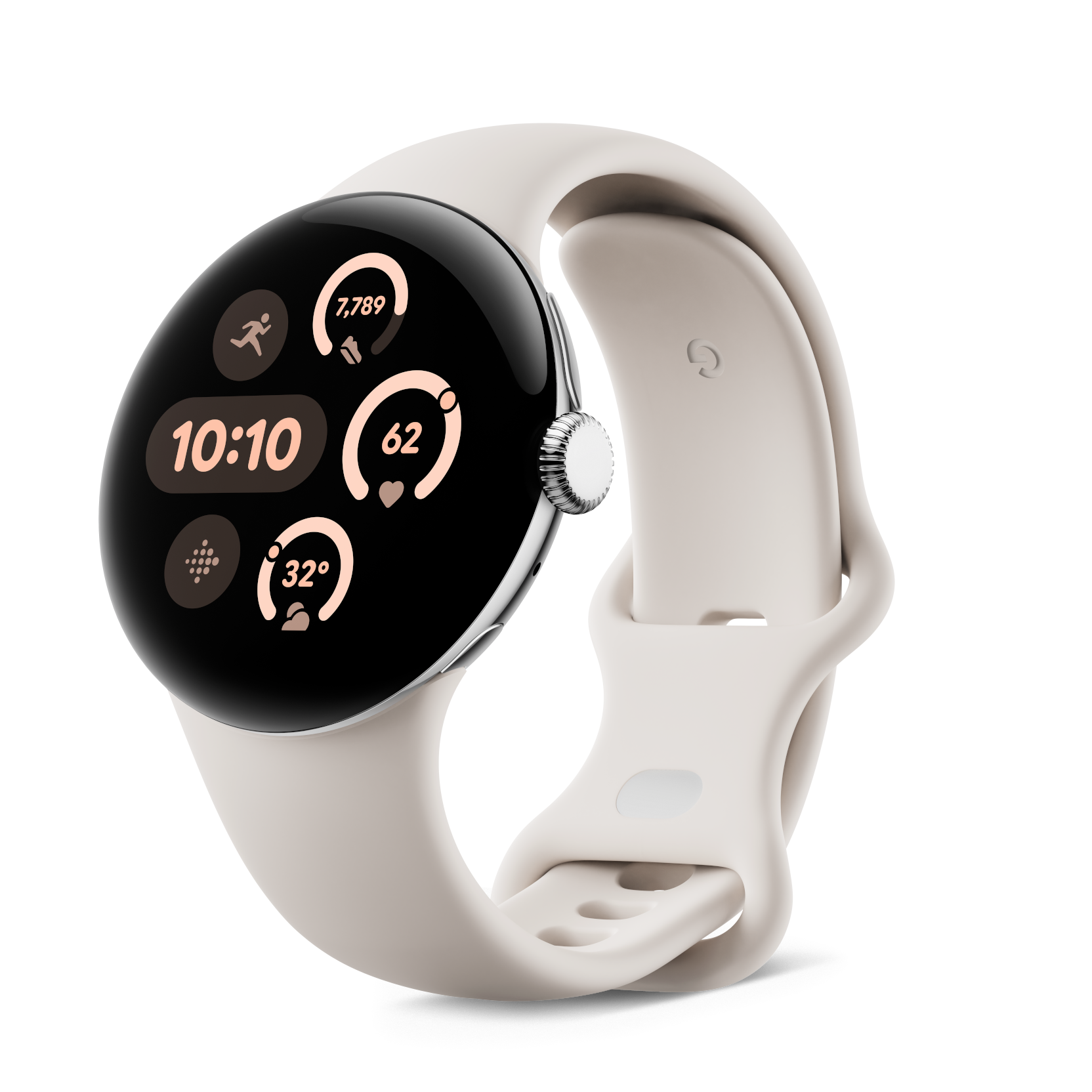 Eine runde Smartwatch mit hellem Armband, die Zeit, Schritte, Herzfrequenz und Temperatur anzeigt.