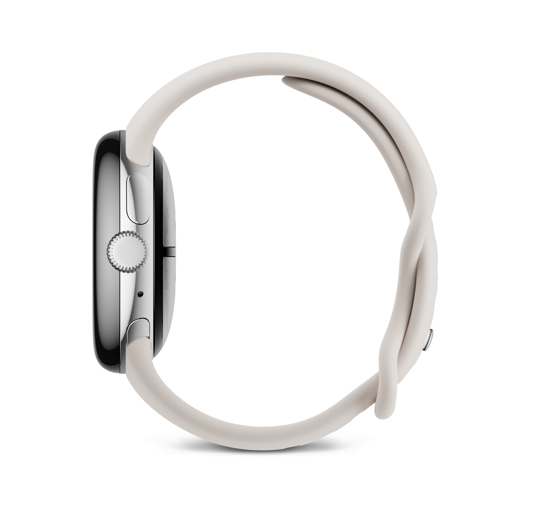 Seitenansicht einer weißen Pixel Watch mit weißem Armband auf dunklem Hintergrund.