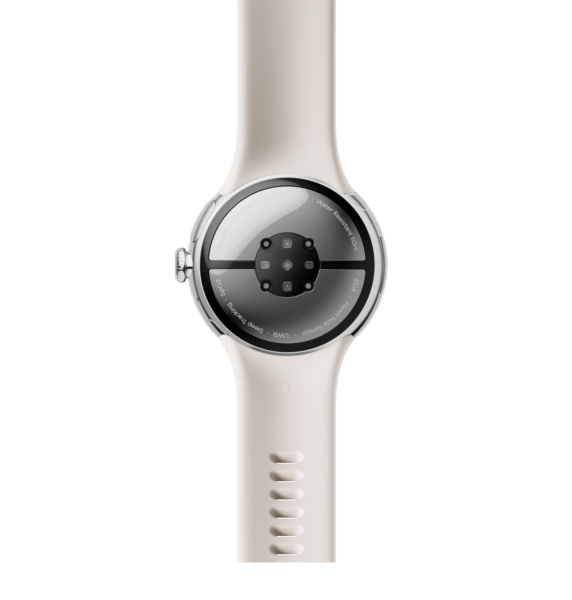 Nahaufnahme der Rückseite einer beigen Smartwatch. Text erwähnt Wasserdichtigkeit, Schlaftracking und Herzfrequenzsensor.